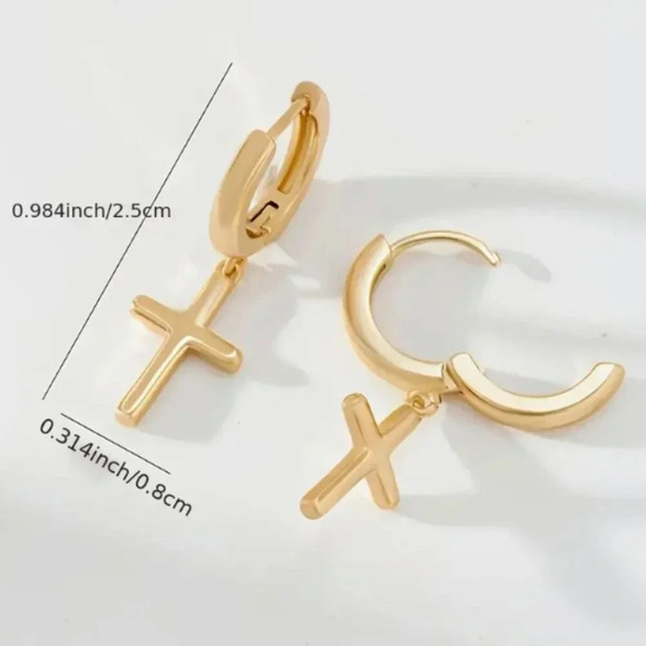 Gold Plated Hoops with Cross Drop Charm - NEW - Picture 3 of 3